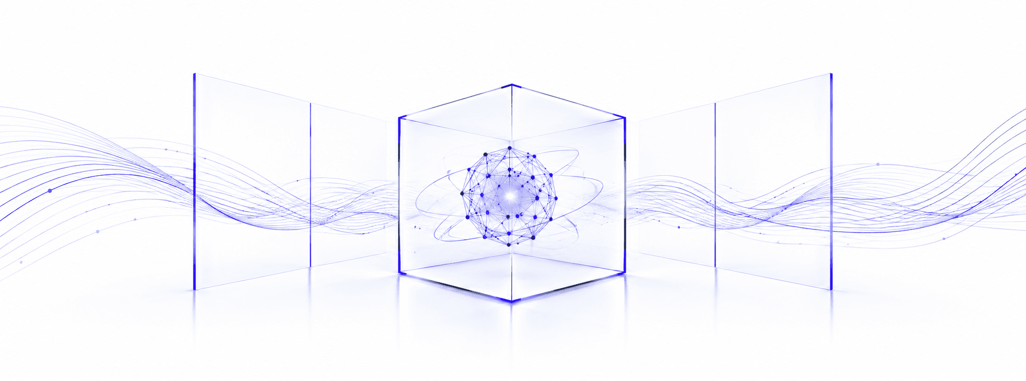 A glass cube containing a network of nodes, with data streams flowing past